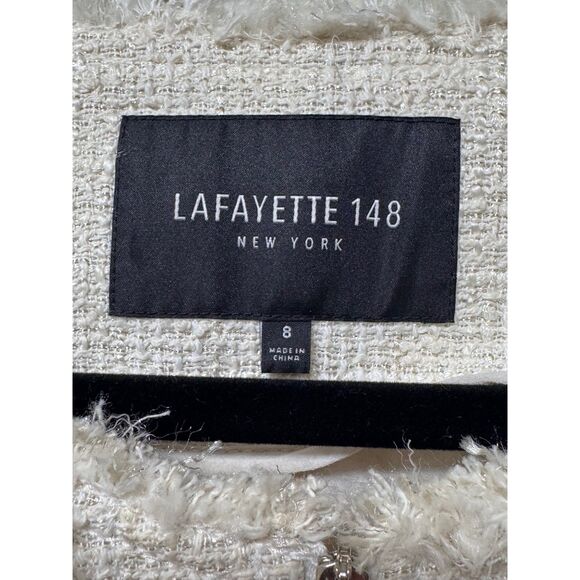 LAFAYETTE 148 Tweed Fringe Zip Front Blazer, Ivory, Pockets, Sz 8 - Picture 12 of 13